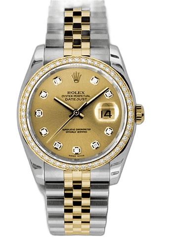 Rolex Datejust 36 Yellow Rolesor — Champagne Diamond Dial, 52-Diamond Cut Bezel | Ref. 116243