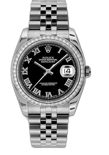 Rolex Datejust 36 White Rolesor — 52-Diamond Bezel Black Roman Dial | Ref. 116244