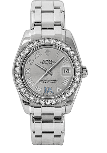 Rolex Datejust Pearlmaster 34 White Gold — Silver Roman Dial, Diamond Bezel | Ref. 81299