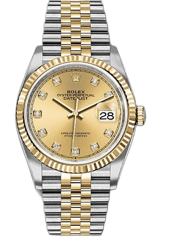 Rolex Datejust 36 Yellow Rolesor — Champagne Diamond Dial, Fluted Bezel | Ref. 126233