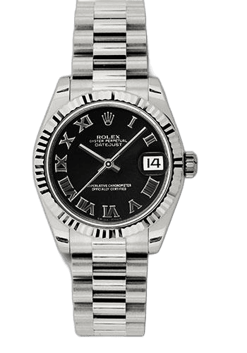 Rolex Datejust White Gold — Black Roman Dial, Fluted Bezel | Ref. 178279