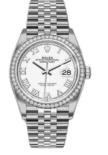 Rolex Datejust Steel — Diamond Bezel White Roman | Ref. 126284RBR