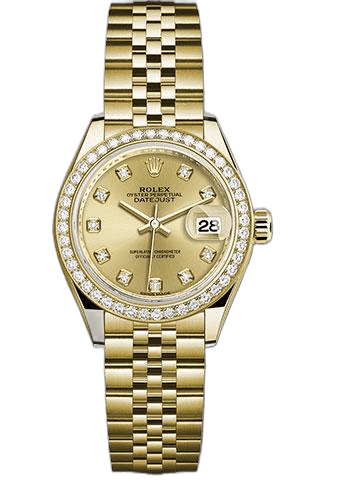 Rolex Lady-Datejust 28 Yellow Gold — Champagne Diamond Dial, 44-Diamond Bezel | Ref. 279138RBR