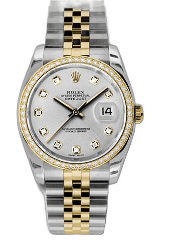Rolex Datejust 36 Yellow Rolesor — Silver Diamond Dial, Diamond Bezel | Ref. 116243