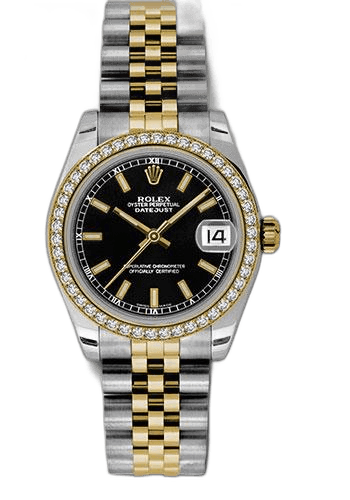 Rolex Datejust 31 Yellow Rolesor — Black Index Dial, 46-Diamond Bezel | Ref. 178383