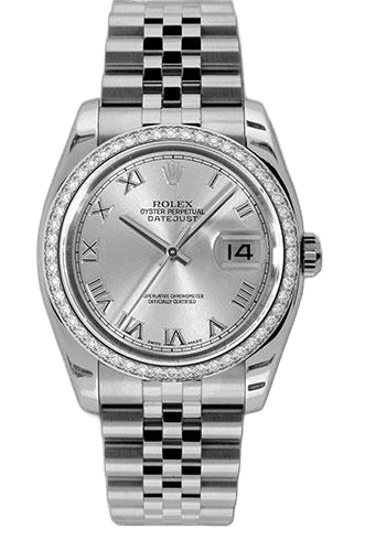 Rolex Datejust 36 White Rolesor — 52 Diamond Bezel, Silver Roman Dial | Ref. 116244