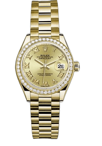 Rolex Lady-Datejust 28 Yellow Gold — Champagne Roman Diamond Bezel President | Ref. 279138RBR