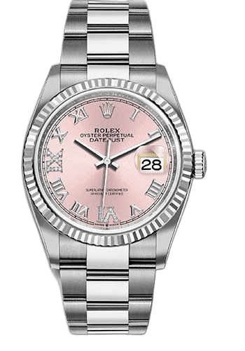 Rolex Datejust 36 Steel — Pink Diamond Roman VI & IX Dial, Fluted Bezel | Ref. 126234