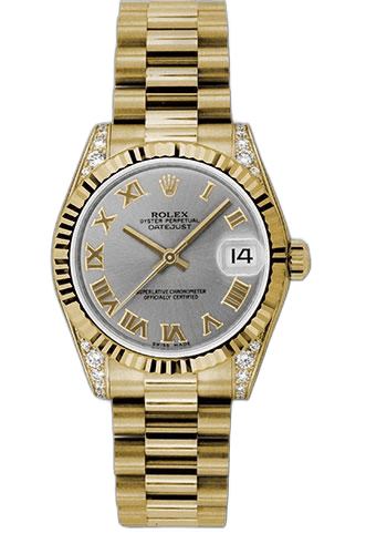 Rolex Datejust 31 Yellow Gold — Fluted Bezel Grey Roman Dial | Ref. 178238