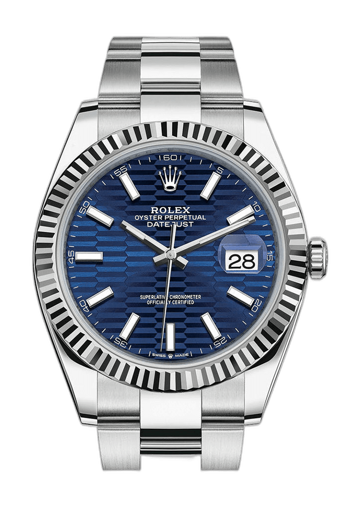 Rolex Datejust 41 White Rolesor — Bright Blue Fluted Motif Index Dial