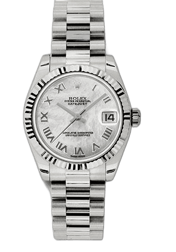 Rolex Datejust 31 White Gold — Mother-of-Pearl Roman Dial, Fluted Bezel | Ref. 178279