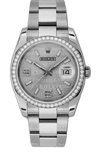 Rolex Datejust 36 White Rolesor — 52 Diamond Bezel Silver Wave Diamond Arabic Dial | Ref. 116244