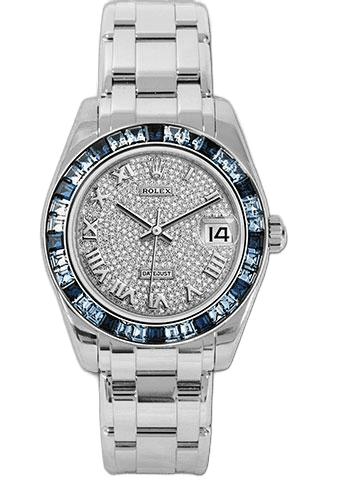 Rolex Datejust 34 White Gold — Blue Sapphire Baguette Bezel, Diamond Pavé Roman Dial | Ref. 81349SA