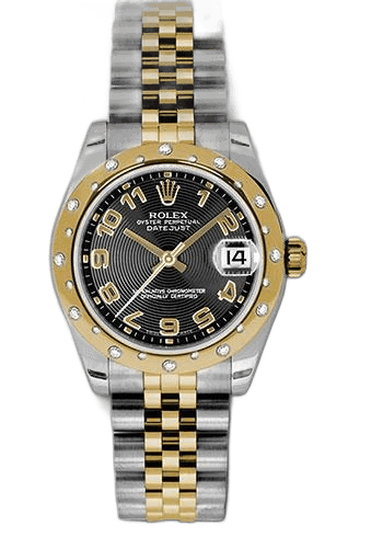 Rolex Datejust 31 Yellow Rolesor — 24-Diamond Bezel Black Concentric Circle Arabic Dial | Ref. 178343