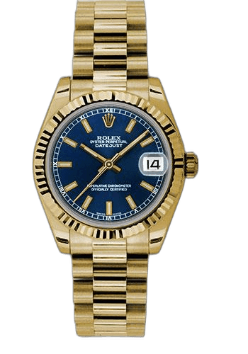 Rolex Datejust 31 Yellow Gold — Blue Index Dial, Fluted Bezel | Ref. 178278
