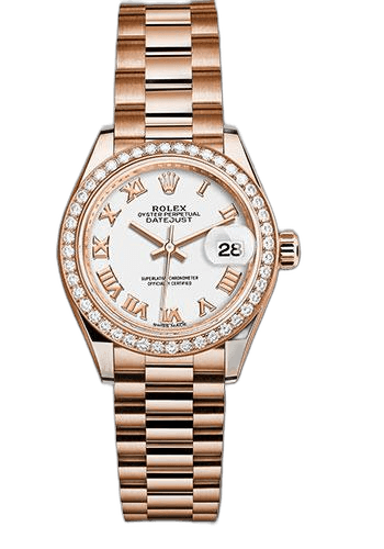 Rolex Datejust 28 Everose Gold — 44 Diamond Bezel White Roman Dial | Ref. 279135RBR