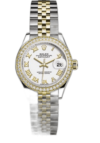 Rolex Lady-Datejust 28 Yellow Rolesor — White Roman Diamond Bezel Dial | Ref. 279383RBR