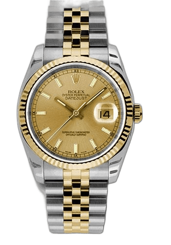 Rolex Datejust 36 Yellow Rolesor — Fluted Bezel Champagne Index Dial | Ref. 116233