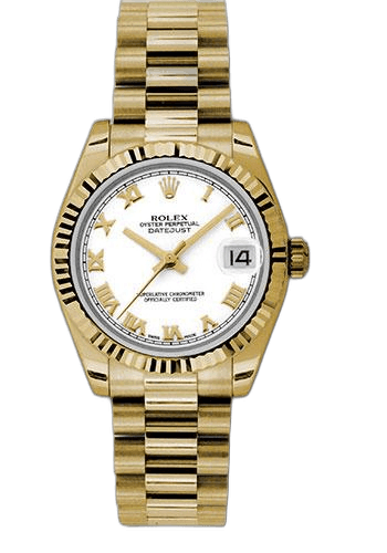 Rolex Datejust 31 Yellow Gold — White Roman Dial, Fluted Bezel | Ref. 178278
