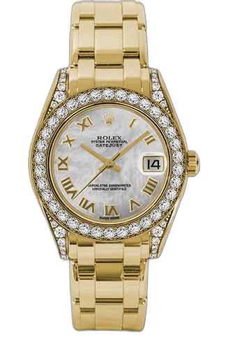 Rolex Datejust 34 Yellow Gold — Diamond Bezel White Mother-of-Pearl Roman Dial | Ref. 81158