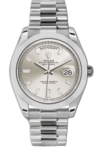 Rolex Day-Date 40 Platinum — Silver Baguette Diamond Dial, Smooth Bezel | Ref. 228206