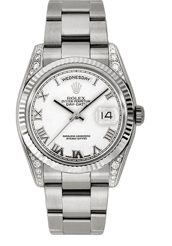 Rolex Day-Date 36 White Gold — Fluted Bezel White Roman Dial | Ref. 118339