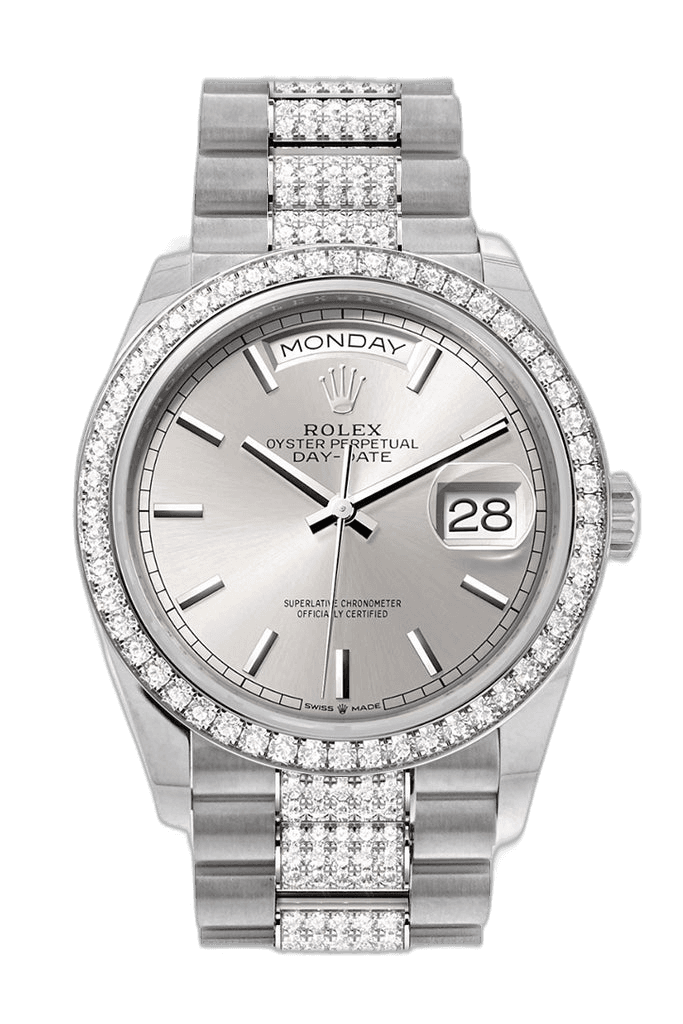 Rolex Day-Date 36 White Gold — Silver Dial Diamond Bezel | Ref. 128349RBR