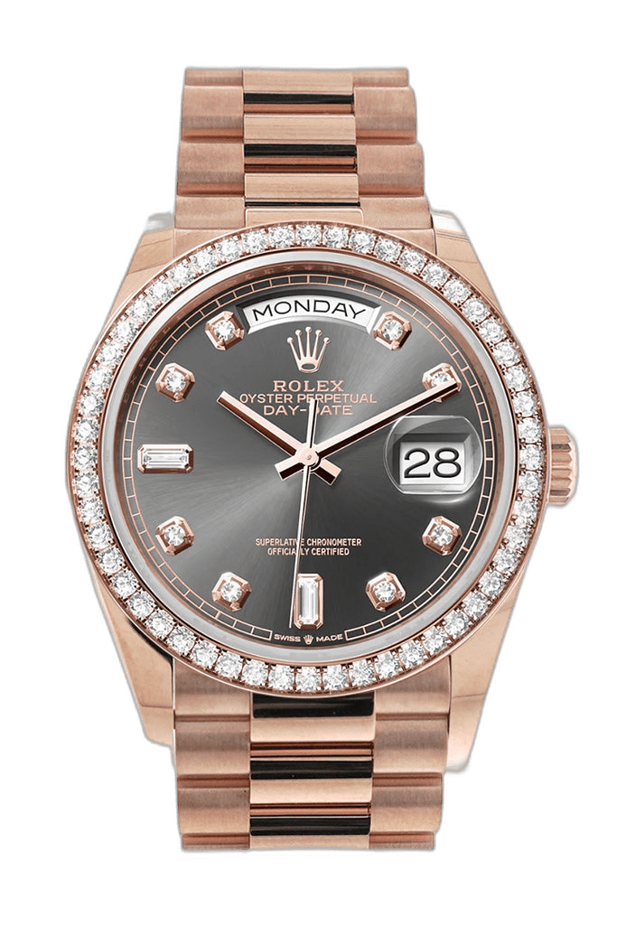 Rolex Day-Date 36 Everose Gold — Slate Dial, Diamond Bezel | Ref. 128345RBR