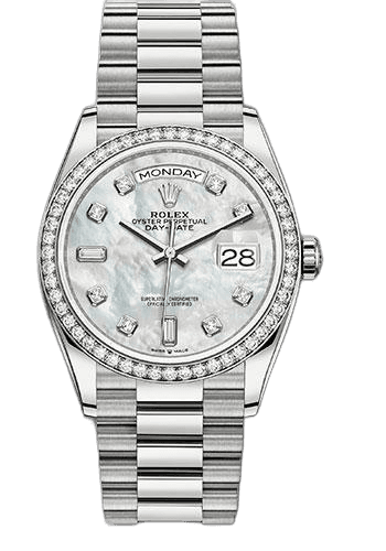 Rolex Day-Date 36 White Gold — Mother-of-Pearl Diamond Dial, Diamond Bezel | Ref. 128349RBR