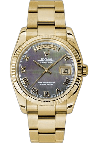 Rolex Day-Date 36 Yellow Gold — Dark MOP Roman Dial, Fluted Bezel | Ref. 118238
