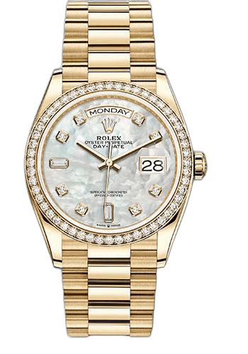 Rolex Day-Date 36 Yellow Gold — Diamond Bezel Mother-of-Pearl Diamond Dial | Ref. 128348RBR