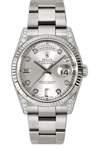 Rolex Day-Date White Gold — Fluted Silver Diamond Dial | Ref. 118339
