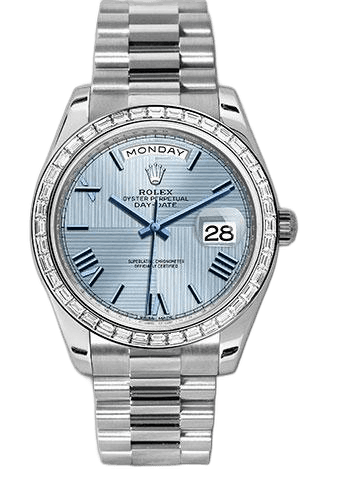 Rolex Day-Date 40 Platinum — Ice Blue Quadrant Motif Bevelled Roman Dial | Ref. 228396TBR
