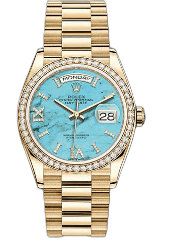 Rolex Day-Date 36 Yellow Gold — Turquoise Diamond Roman Dial | Ref. 128348RBR