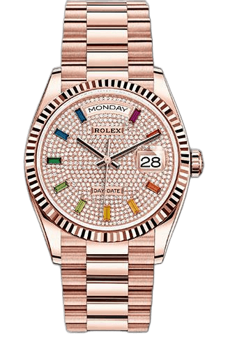 Rolex Day-Date 36 Gold — Diamond-Paved Rainbow Sapphire Dial, Fluted Bezel | Ref. 128235