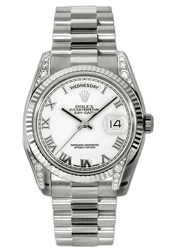 Rolex Day-Date 36 White Gold — Fluted Bezel White Roman Dial | Ref. 118339
