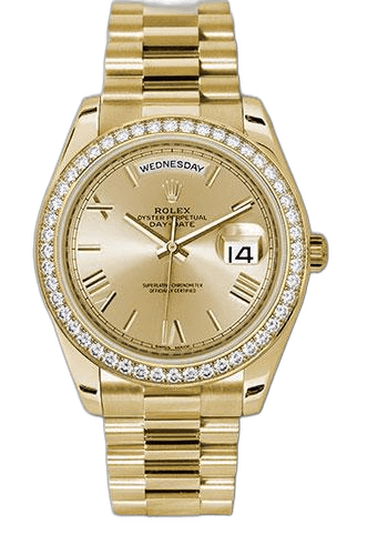 Rolex Day-Date 40 Yellow Gold — Champagne Bevelled Roman Dial, Diamond Bezel | Ref. 228348RBR