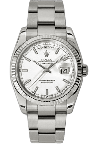 Rolex Day-Date 36 White Gold — White Index Dial, Fluted Bezel | Ref. 118239