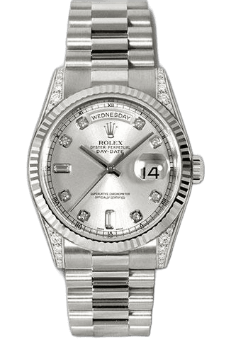 Rolex Day-Date White Gold — Fluted Bezel Silver Diamond Dial | Ref. 118339