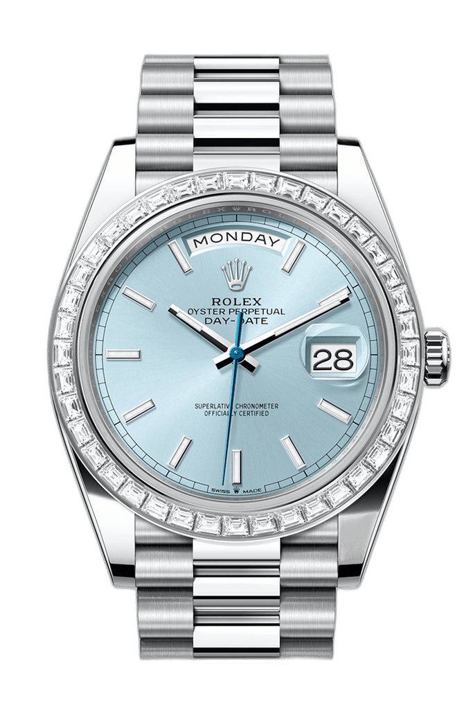Rolex Day-Date 40 Platinum — Baguette Diamond Bezel Ice Blue Dial | Ref. 228396TBR