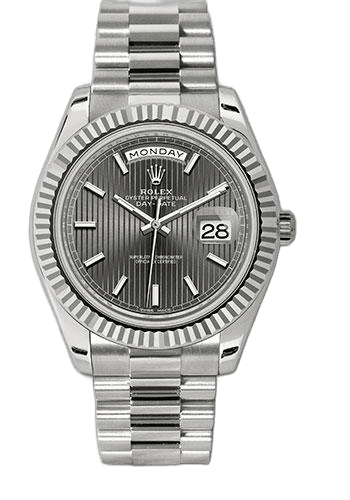 Rolex Day-Date 40 White Gold — Dark Rhodium Stripe Motif Dial, Fluted Bezel | Ref. 228239