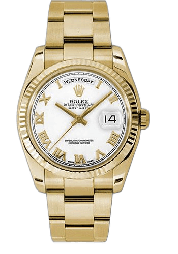 Rolex Day-Date 36 Yellow Gold — White Roman Dial, Fluted Bezel | Ref. 118238