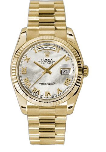 Rolex Day-Date Yellow Gold — Fluted Bezel Mother-Of-Pearl Roman Dial | Ref. 118238