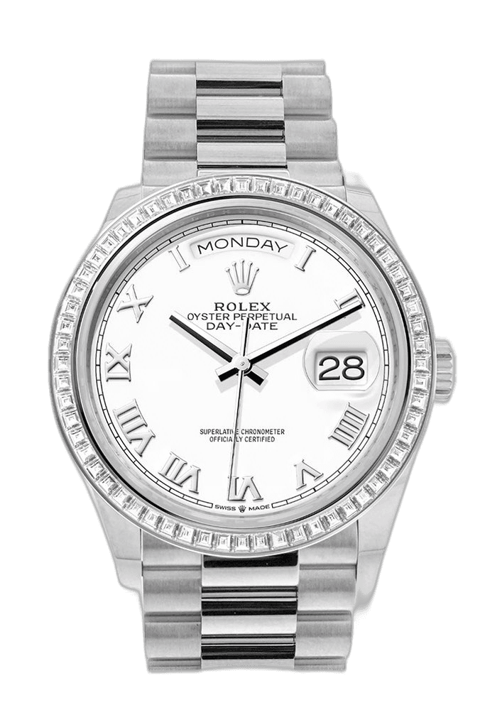Rolex Day-Date 36 Platinum — White Dial Diamond Bezel | Ref. 128396TBR