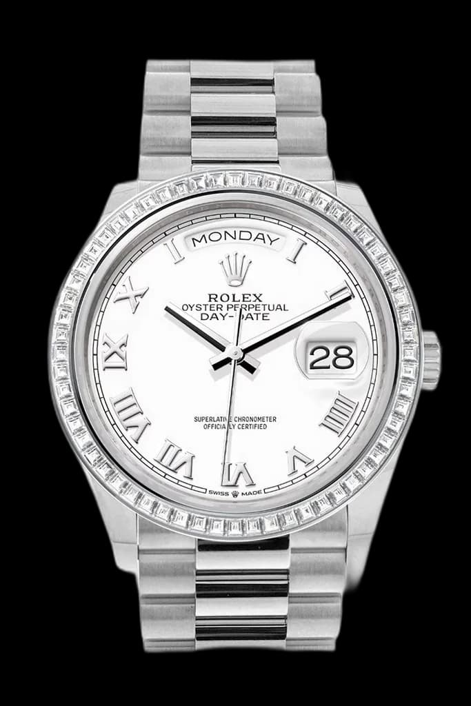 Rolex Day-Date 36 Platinum — White Dial Diamond Bezel | Ref. 128396TBR