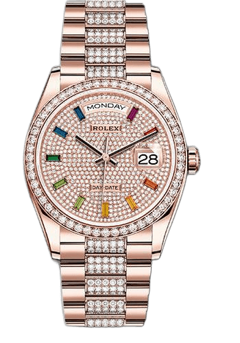 Rolex Day-Date 36 Gold — Diamond-Paved Rainbow Sapphire Dial | Ref. 128345RBR