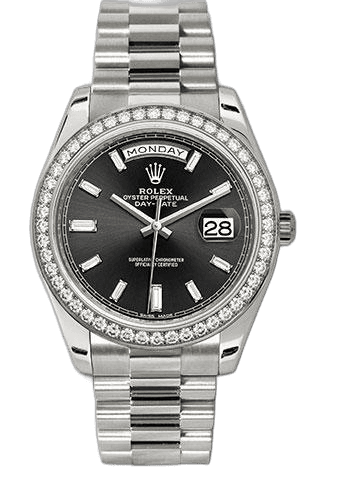 Rolex Day-Date 40 White Gold — Baguette Diamond Bezel Black Baguette Diamond Dial | Ref. 228349RBR