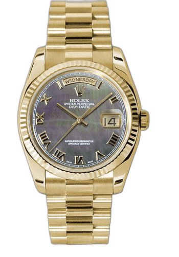 Rolex Day-Date 36 Yellow Gold — Dark Mother-of-Pearl Roman Dial, Fluted Bezel | Ref. 118238