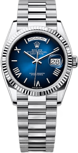 Rolex Day-Date 36 Platinum — Blue Ombré Roman Dial with Fluted Bezel | Ref. 128236