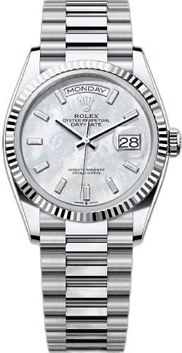 Rolex Day-Date 36 Platinum — White MOP Baguette Diamond Dial, Fluted Bezel | Ref. 128236